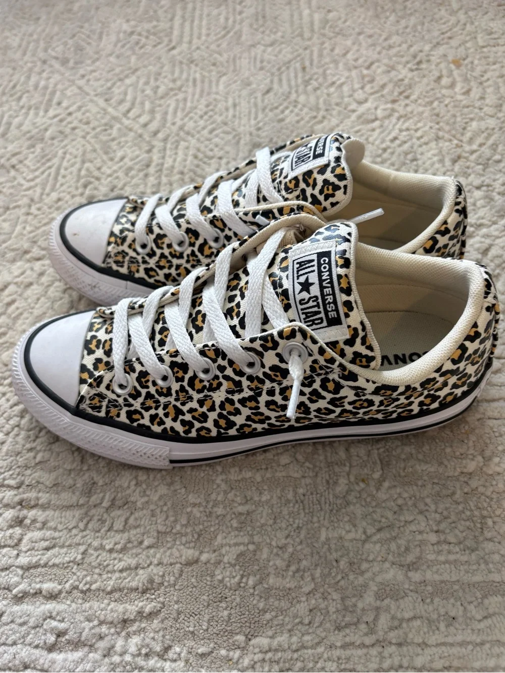 Converse Kids Leopard Print Low Top Sneakers in White, Black, Tan